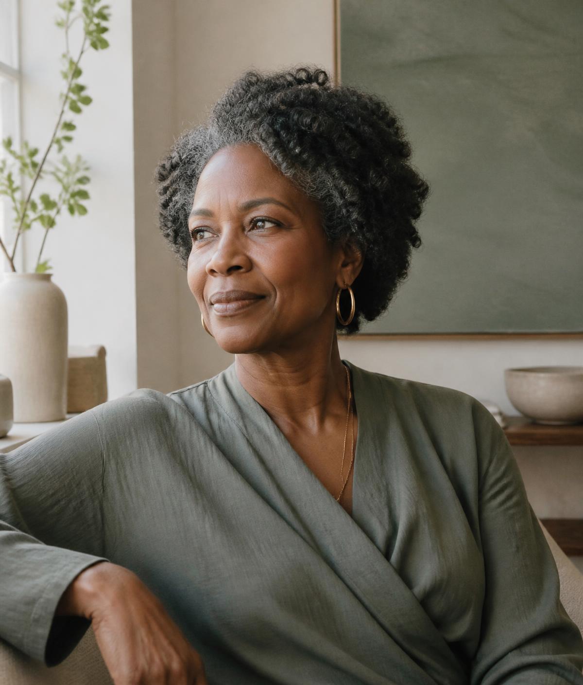 A woman in her fifties sitting calmly in a sunlit room