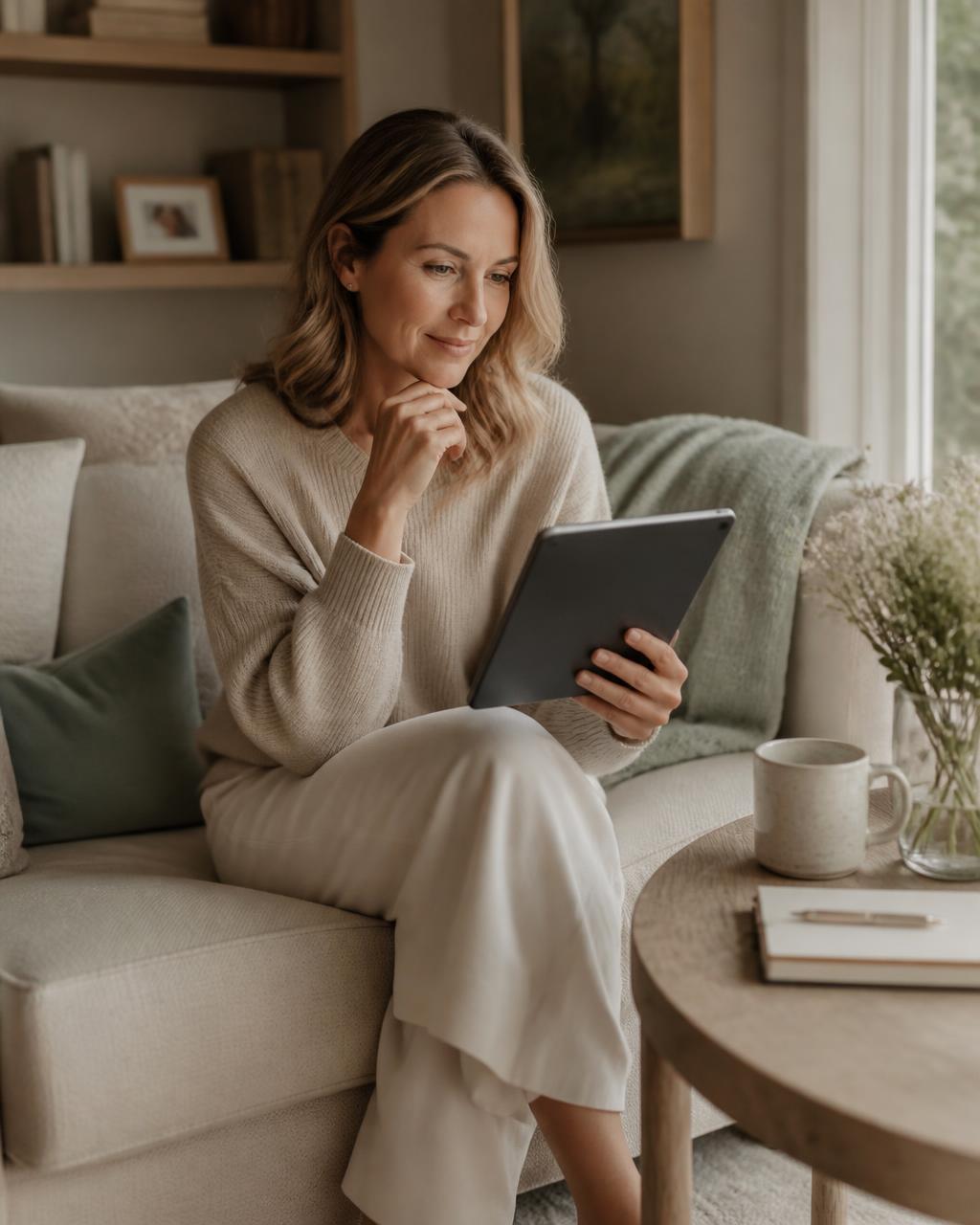 A woman at home on a comfortable sofa, engaged in a virtual telehealth visit on a tablet.
