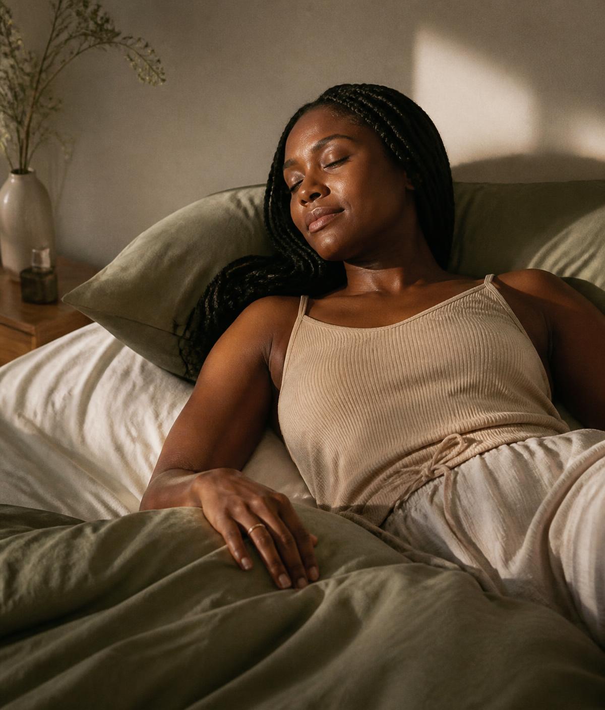 A woman sleeping peacefully in soft linen bedding