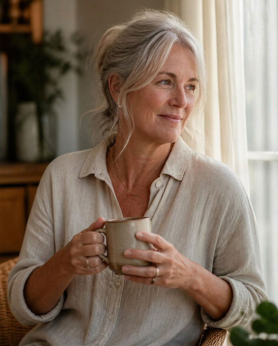 A patient reflecting on her health care in a calm, sunlit space.
