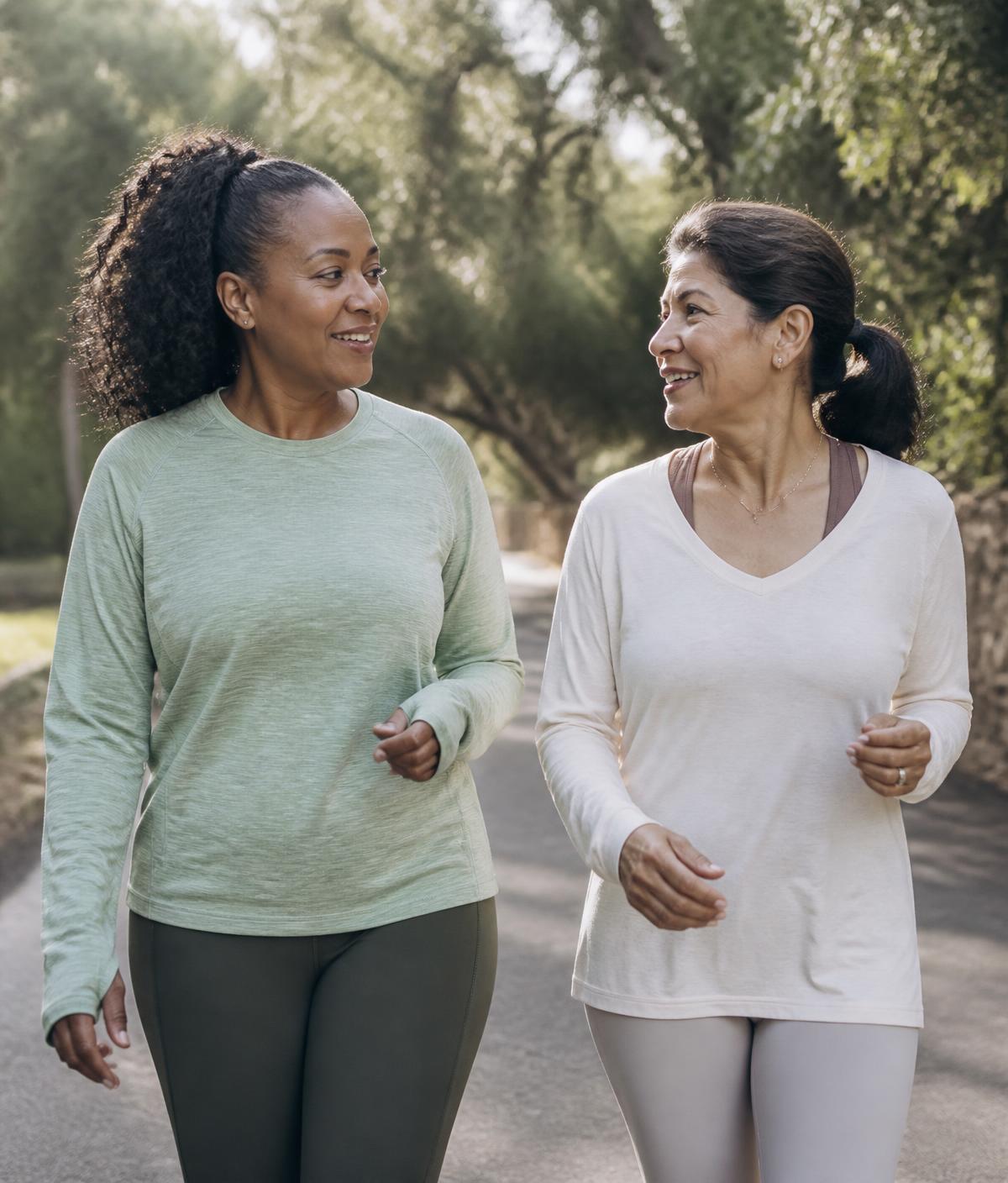 An older and a younger woman walking together along a tree-lined path