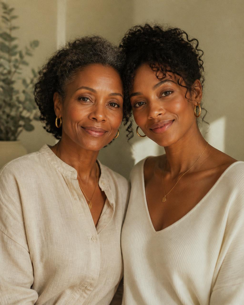 A Black mother and her adult daughter standing together in warm natural light.