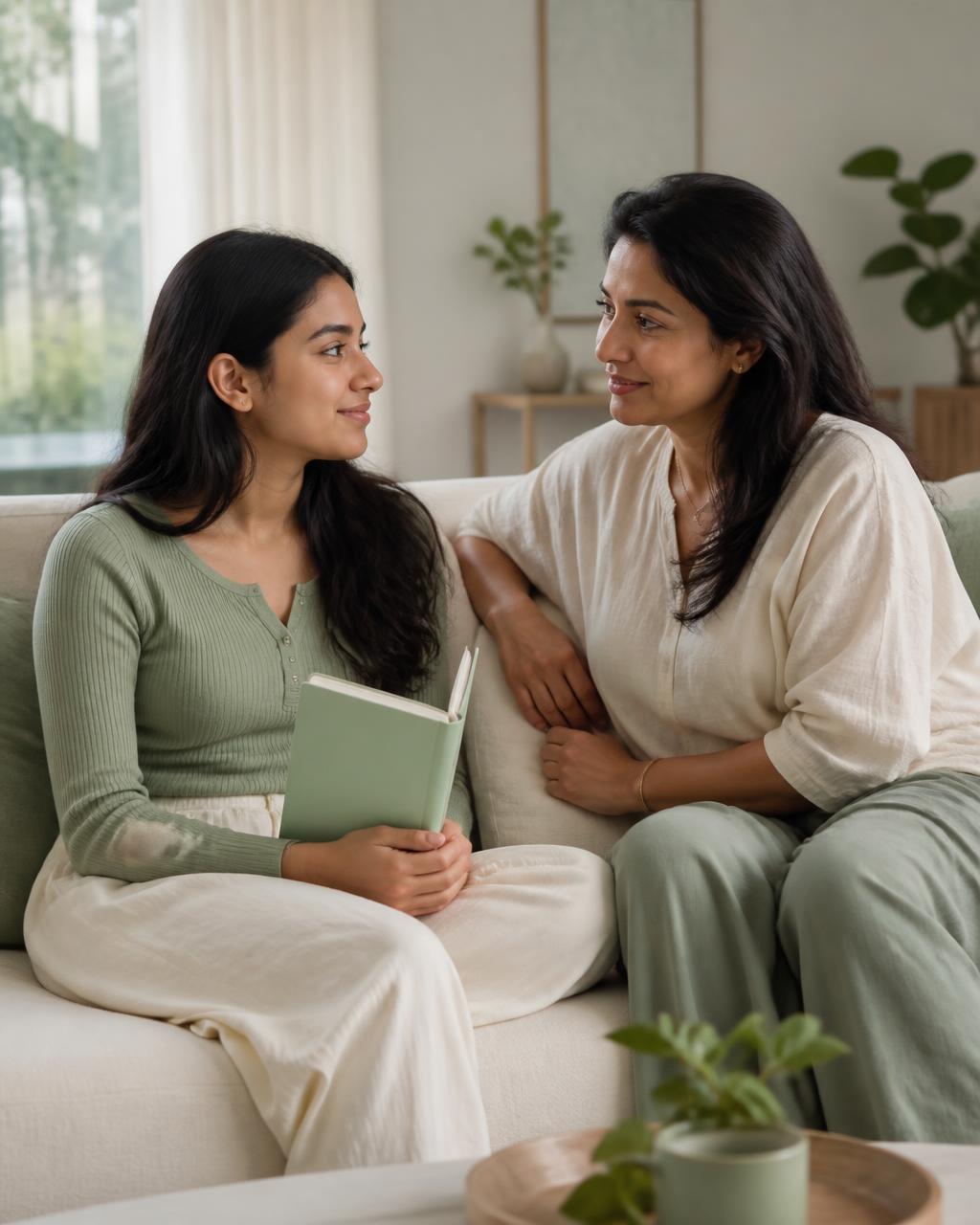 A mother and young adult daughter talking together on a sofa about cycle and period support