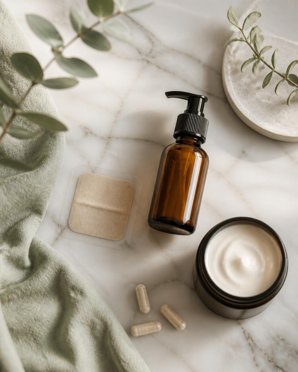 A hormone therapy patch and amber glass bottle on a marble surface